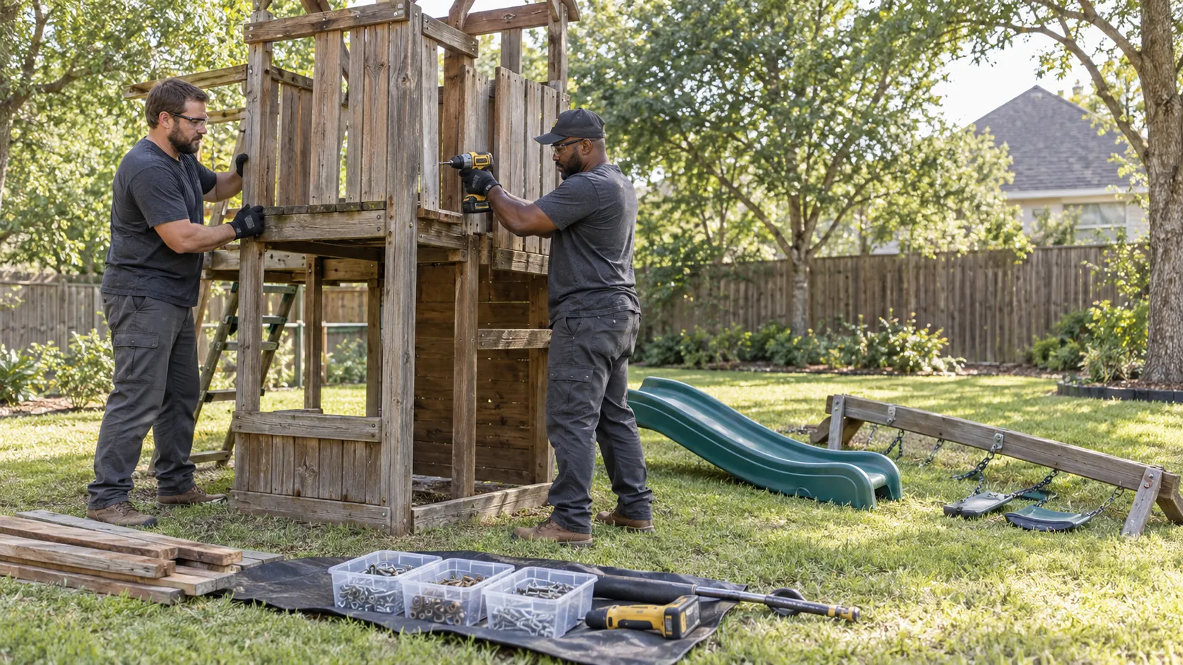 Crew performing playset removal work